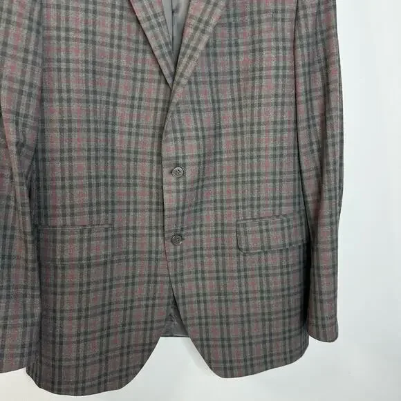 Coppley Esquire Mens Grey Plaid Multi Two Button Wool Blazer Jacket Classic 44T